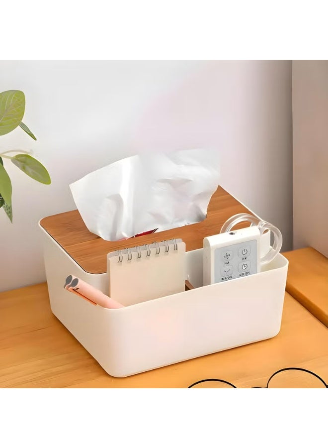 Jinila Square Shape Wooden Cover Plastic - Tissue Paper Holder with 2 Compartment Multi-Functional Desk Organizer Remote, Pen & Pencil Stationery Storage Stand (Pack of 1, White) - Image 2